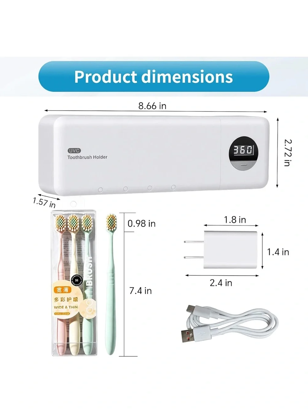 UVC Toothbrush Sanitizer hold with charger and 3 premium toothbrush